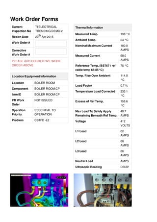 Work Order Forms
Current
Inspection No
TI ELECTRICAL
TRENDING DEMO-2
Report Date 20 Apr 2015
Work Order #
Corrective
Work Order #
PLEASE ADD CORRECTIVE WORK
ORDER ABOVE
Location/Equipment Information
Location BOILER ROOM
Component BOILER ROOM CP
Item ID BOILER ROOM CP
PM Work
Order
NOT ISSUED
Operation
Priority
ESSENTIAL TO
OPERATION
Problem CB1FD -L2
th
Thermal Information
Measured Temp. 138 °C
Ambient Temp. 24 °C
Nominal Maximum Current 100.0
AMPS
Measured Current 68.0
AMPS
Reference Temp. (BS7671 ref
cable temp 65-85°C)
75 °C
Temp. Rise Over Ambient 114.0
°C
Load Factor 0.7 %
Temperature Load Corrected 233.1
°C
Excess of Ref Temp. 158.6
°C
Max Load To Safely Apply
Remaining Beneath Ref Temp.
40.7
AMPS
Voltage 412
VOLTS
L1 Load 62
AMPS
L2 Load 68
AMPS
L3 Load 66
AMPS
Neutral Load AMPS
Ultrasonic Reading DBUV
 