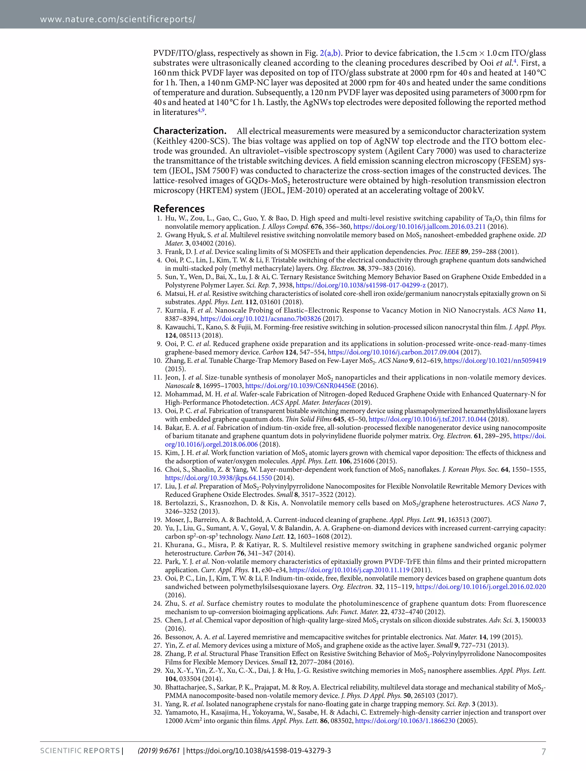 7
Scientific Reports | (2019) 9:6761 | https://doi.org/10.1038/s41598-019-43279-3
www.nature.com/scientificreports
www.nature.com/scientificreports/
PVDF/ITO/glass, respectively as shown in Fig. 2(a,b). Prior to device fabrication, the 1.5 cm × 1.0 cm ITO/glass
substrates were ultrasonically cleaned according to the cleaning procedures described by Ooi et al.4
. First, a
160 nm thick PVDF layer was deposited on top of ITO/glass substrate at 2000 rpm for 40 s and heated at 140 °C
for 1 h. Then, a 140 nm GMP-NC layer was deposited at 2000 rpm for 40 s and heated under the same conditions
of temperature and duration. Subsequently, a 120 nm PVDF layer was deposited using parameters of 3000 rpm for
40 s and heated at 140 °C for 1 h. Lastly, the AgNWs top electrodes were deposited following the reported method
in literatures4,9
.
Characterization.  All electrical measurements were measured by a semiconductor characterization system
(Keithley 4200-SCS). The bias voltage was applied on top of AgNW top electrode and the ITO bottom elec-
trode was grounded. An ultraviolet–visible spectroscopy system (Agilent Cary 7000) was used to characterize
the transmittance of the tristable switching devices. A field emission scanning electron microscopy (FESEM) sys-
tem (JEOL, JSM 7500 F) was conducted to characterize the cross-section images of the constructed devices. The
lattice-resolved images of GQDs-MoS2 heterostructure were obtained by high-resolution transmission electron
microscopy (HRTEM) system (JEOL, JEM-2010) operated at an accelerating voltage of 200 kV.
References
	 1.	Hu, W., Zou, L., Gao, C., Guo, Y. & Bao, D. High speed and multi-level resistive switching capability of Ta2O5 thin films for
nonvolatile memory application. J. Alloys Compd. 676, 356–360, https://doi.org/10.1016/j.jallcom.2016.03.211 (2016).
	 2.	 Gwang Hyuk, S. et al. Multilevel resistive switching nonvolatile memory based on MoS2 nanosheet-embedded graphene oxide. 2D
Mater. 3, 034002 (2016).
	 3.	 Frank, D. J. et al. Device scaling limits of Si MOSFETs and their application dependencies. Proc. IEEE 89, 259–288 (2001).
	 4.	 Ooi, P. C., Lin, J., Kim, T. W. & Li, F. Tristable switching of the electrical conductivity through graphene quantum dots sandwiched
in multi-stacked poly (methyl methacrylate) layers. Org. Electron. 38, 379–383 (2016).
	 5.	 Sun, Y., Wen, D., Bai, X., Lu, J. & Ai, C. Ternary Resistance Switching Memory Behavior Based on Graphene Oxide Embedded in a
Polystyrene Polymer Layer. Sci. Rep. 7, 3938, https://doi.org/10.1038/s41598-017-04299-z (2017).
	 6.	 Matsui, H. et al. Resistive switching characteristics of isolated core-shell iron oxide/germanium nanocrystals epitaxially grown on Si
substrates. Appl. Phys. Lett. 112, 031601 (2018).
	 7.	Kurnia, F. et al. Nanoscale Probing of Elastic–Electronic Response to Vacancy Motion in NiO Nanocrystals. ACS Nano 11,
8387–8394, https://doi.org/10.1021/acsnano.7b03826 (2017).
	 8.	 Kawauchi, T., Kano, S. & Fujii, M. Forming-free resistive switching in solution-processed silicon nanocrystal thin film. J. Appl. Phys.
124, 085113 (2018).
	 9.	 Ooi, P. C. et al. Reduced graphene oxide preparation and its applications in solution-processed write-once-read-many-times
graphene-based memory device. Carbon 124, 547–554, https://doi.org/10.1016/j.carbon.2017.09.004 (2017).
	10.	 Zhang, E. et al. Tunable Charge-Trap Memory Based on Few-Layer MoS2. ACS Nano 9, 612–619, https://doi.org/10.1021/nn5059419
(2015).
	11.	 Jeon, J. et al. Size-tunable synthesis of monolayer MoS2 nanoparticles and their applications in non-volatile memory devices.
Nanoscale 8, 16995–17003, https://doi.org/10.1039/C6NR04456E (2016).
	
12.	 Mohammad, M. H. et al. Wafer-scale Fabrication of Nitrogen-doped Reduced Graphene Oxide with Enhanced Quaternary-N for
High-Performance Photodetection. ACS Appl. Mater. Interfaces (2019).
	13.	 Ooi, P. C. et al. Fabrication of transparent bistable switching memory device using plasmapolymerized hexamethyldisiloxane layers
with embedded graphene quantum dots. Thin Solid Films 645, 45–50, https://doi.org/10.1016/j.tsf.2017.10.044 (2018).
	
14.	 Bakar, E. A. et al. Fabrication of indium-tin-oxide free, all-solution-processed flexible nanogenerator device using nanocomposite
of barium titanate and graphene quantum dots in polyvinylidene fluoride polymer matrix. Org. Electron. 61, 289–295, https://doi.
org/10.1016/j.orgel.2018.06.006 (2018).
	
15.	 Kim, J. H. et al. Work function variation of MoS2 atomic layers grown with chemical vapor deposition: The effects of thickness and
the adsorption of water/oxygen molecules. Appl. Phys. Lett. 106, 251606 (2015).
	
16.	 Choi, S., Shaolin, Z. & Yang, W. Layer-number-dependent work function of MoS2 nanoflakes. J. Korean Phys. Soc. 64, 1550–1555,
https://doi.org/10.3938/jkps.64.1550 (2014).
	17.	 Liu, J. et al. Preparation of MoS2‐Polyvinylpyrrolidone Nanocomposites for Flexible Nonvolatile Rewritable Memory Devices with
Reduced Graphene Oxide Electrodes. Small 8, 3517–3522 (2012).
	
18.	Bertolazzi, S., Krasnozhon, D. & Kis, A. Nonvolatile memory cells based on MoS2/graphene heterostructures. ACS Nano 7,
3246–3252 (2013).
	19.	 Moser, J., Barreiro, A. & Bachtold, A. Current-induced cleaning of graphene. Appl. Phys. Lett. 91, 163513 (2007).
	
20.	 Yu, J., Liu, G., Sumant, A. V., Goyal, V. & Balandin, A. A. Graphene-on-diamond devices with increased current-carrying capacity:
carbon sp2
-on-sp3
technology. Nano Lett. 12, 1603–1608 (2012).
	
21.	Khurana, G., Misra, P. & Katiyar, R. S. Multilevel resistive memory switching in graphene sandwiched organic polymer
heterostructure. Carbon 76, 341–347 (2014).
	
22.	 Park, Y. J. et al. Non-volatile memory characteristics of epitaxially grown PVDF-TrFE thin films and their printed micropattern
application. Curr. Appl. Phys. 11, e30–e34, https://doi.org/10.1016/j.cap.2010.11.119 (2011).
	23.	 Ooi, P. C., Lin, J., Kim, T. W. & Li, F. Indium-tin-oxide, free, flexible, nonvolatile memory devices based on graphene quantum dots
sandwiched between polymethylsilsesquioxane layers. Org. Electron. 32, 115–119, https://doi.org/10.1016/j.orgel.2016.02.020
(2016).
	24.	 Zhu, S. et al. Surface chemistry routes to modulate the photoluminescence of graphene quantum dots: From fluorescence
mechanism to up‐conversion bioimaging applications. Adv. Funct. Mater. 22, 4732–4740 (2012).
	25.	 Chen, J. et al. Chemical vapor deposition of high‐quality large‐sized MoS2 crystals on silicon dioxide substrates. Adv. Sci. 3, 1500033
(2016).
	26.	 Bessonov, A. A. et al. Layered memristive and memcapacitive switches for printable electronics. Nat. Mater. 14, 199 (2015).
	27.	 Yin, Z. et al. Memory devices using a mixture of MoS2 and graphene oxide as the active layer. Small 9, 727–731 (2013).
	28.	 Zhang, P. et al. Structural Phase Transition Effect on Resistive Switching Behavior of MoS2-Polyvinylpyrrolidone Nanocomposites
Films for Flexible Memory Devices. Small 12, 2077–2084 (2016).
	
29.	 Xu, X.-Y., Yin, Z.-Y., Xu, C.-X., Dai, J. & Hu, J.-G. Resistive switching memories in MoS2 nanosphere assemblies. Appl. Phys. Lett.
104, 033504 (2014).
	30.	 Bhattacharjee, S., Sarkar, P. K., Prajapat, M. & Roy, A. Electrical reliability, multilevel data storage and mechanical stability of MoS2-
PMMA nanocomposite-based non-volatile memory device. J. Phys. D Appl. Phys. 50, 265103 (2017).
	31.	 Yang, R. et al. Isolated nanographene crystals for nano-floating gate in charge trapping memory. Sci. Rep. 3 (2013).
	
32.	 Yamamoto, H., Kasajima, H., Yokoyama, W., Sasabe, H. & Adachi, C. Extremely-high-density carrier injection and transport over
12000 A∕cm2
into organic thin films. Appl. Phys. Lett. 86, 083502, https://doi.org/10.1063/1.1866230 (2005).
 