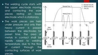  The welding cycle starts with
the upper electrode moving
and contacting the work
pieces resting on lower
electrode which is stationary.
 The work pieces are held
under pressure and only then
heavy current is passed
between the electrodes for
preset time. The area of
metals in contact shall be
rapidly raised to welding
temperature, due to the flow
of current through the
contacting surfaces of work
pieces.
 
