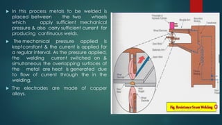  In this process metals to be welded is
placed between the two wheels
which apply sufficient mechanical
pressure & also carry sufficient current for
producing continuous welds.
 The mechanical pressure applied is
keptconstant & the current is applied for
a regular interval. As the pressure applied,
the welding current switched on &
simultaneous the overlapping surfaces of
the metal are heat is generated due
to flow of current through the in the
welding.
 The electrodes are made of copper
alloys.
 