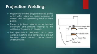 Projection Welding:
 Projections are little projected raised points
which offer resistance during passage of
current and thus generating heat at those
points.
 These projections collapse under heated
conditions and pressure leading to the
welding of two parts on cooling.
 The operation is performed on a press
welding machine and components are put
between water cooled copper platens
under pressure.
 