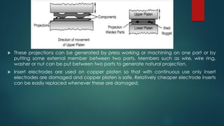  These projections can be generated by press working or machining on one part or by
putting some external member between two parts. Members such as wire, wire ring,
washer or nut can be put between two parts to generate natural projection.
 Insert electrodes are used on copper platen so that with continuous use only insert
electrodes are damaged and copper platen is safe. Relatively cheaper electrode inserts
can be easily replaced whenever these are damaged.
 