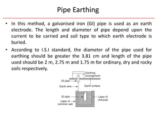 Pipe Earthing
• In this method, a galvanised iron (GI) pipe is used as an earth
electrode. The length and diameter of pipe depend upon the
current to be carried and soil type to which earth electrode is
buried.
• According to I.S.I standard, the diameter of the pipe used for
earthing should be greater the 3.81 cm and length of the pipe
used should be 2 m, 2.75 m and 1.75 m for ordinary, dry and rocky
soils respectively.
 