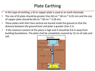 Plate Earthing
• In this type of earthing, a GI or copper plate is used as an earth electrode.
• The size of GI plate should be greater than 60 cm * 60 cm * 6.35 mm and the size
of copper plate should be 60 cm * 60 cm * 3.18 mm.
• These plates with their face vertical are buried inside the ground so that the
distance between the ground level and plate is greater than 2 m.
• If the moisture content of the place is high and it should be 0.6 m away from
building foundations. The plate shall be completely covered by 15 cm of coke and
salt.
 