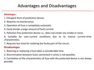 Advantages and Disadvantages
Advantages :
1. Cheapest form of protection device.
2. Requires no maintenance.
3. Operation of fuse is completely automatic.
4. Easily breaks a large amount of fault current.
5. Pollution-free protection device i.e., does not create any smoke or noise.
6. Suitable for over-current conditions due to its inverse current–time
characteristics.
7. Requires less time for isolating the faulty part of the circuit.
Disadvantages
1. Rewiring or replacing a fuse takes a considerable time.
2. Discrimination between fuses connected in series is not possible.
3. Correlation of the characteristics of fuse with the protected device is not always
possible.
 