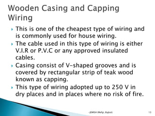  This is one of the cheapest type of wiring and
is commonly used for house wiring.
 The cable used in this type of wiring is either
V.I.R or P.V.C or any approved insulated
cables.
 Casing consist of V-shaped grooves and is
covered by rectangular strip of teak wood
known as capping.
 This type of wiring adopted up to 250 V in
dry places and in places where no risk of fire.
13-JEMISH (Mefgi ,Rajkot)
 