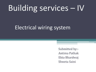 Building services – IV
Electrical wiring system
Submitted by:-
Antima Pathak
Ekta Bhardwaj
Shweta Saini
 