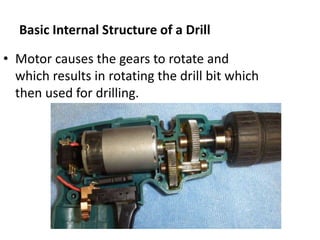 Basic Internal Structure of a Drill
• Motor causes the gears to rotate and
which results in rotating the drill bit which
then used for drilling.
 