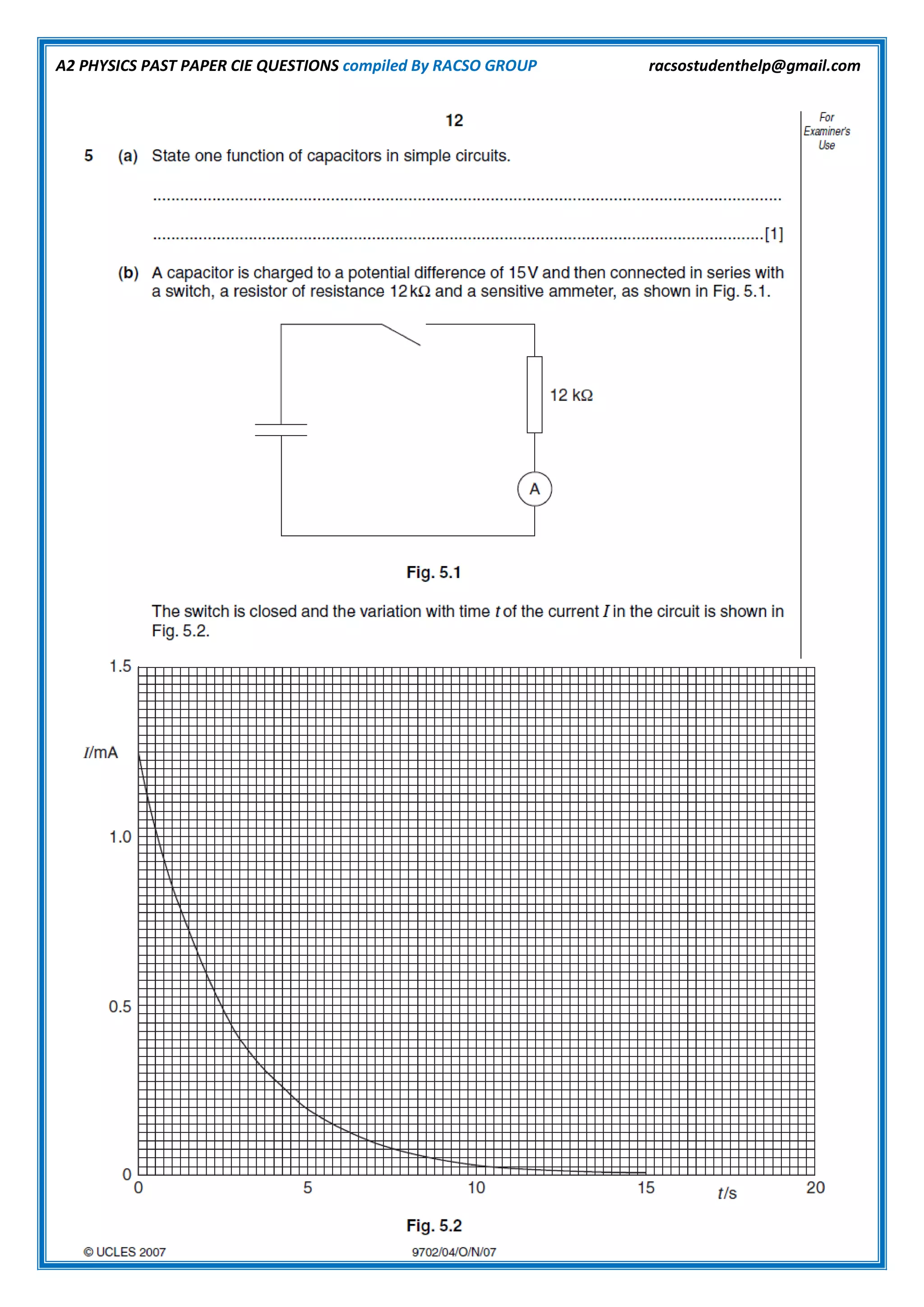 A2 PHYSICS PAST PAPER CIE QUESTIONS compiled By RACSO GROUP racsostudenthelp@gmail.com
 