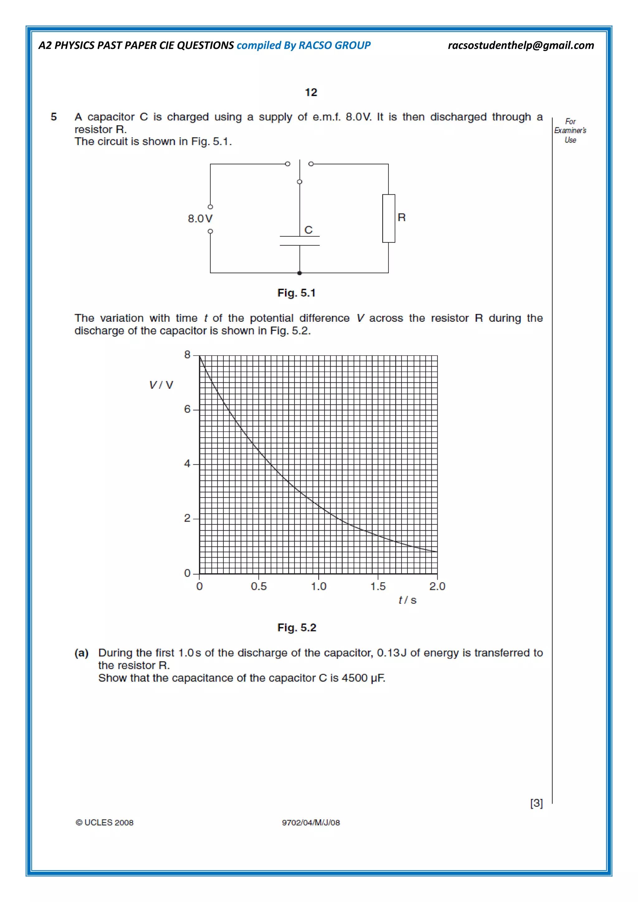 A2 PHYSICS PAST PAPER CIE QUESTIONS compiled By RACSO GROUP racsostudenthelp@gmail.com
 