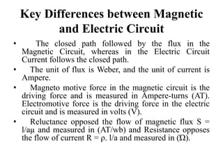 Key Differences between Magnetic
and Electric Circuit
• The closed path followed by the flux in the
Magnetic Circuit, whereas in the Electric Circuit
Current follows the closed path.
• The unit of flux is Weber, and the unit of current is
Ampere.
• Magneto motive force in the magnetic circuit is the
driving force and is measured in Ampere-turns (AT).
Electromotive force is the driving force in the electric
circuit and is measured in volts (V).
• Reluctance opposed the flow of magnetic flux S =
l/aµ and measured in (AT/wb) and Resistance opposes
the flow of current R = ρ. l/a and measured in (Ώ).
 