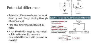 Potential difference
• Potential difference shows the work
done by unit charge passing through
of component
• Potential difference measured in
volts
• It has the similar ways to measured
volt in voltmeter (to measure
potensial difference with parralel in
circuits)
 
