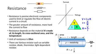 Resistance
• Resistance is passive electronic components
used to limit or regulate the flow of electric
current in a circuit.
• The greater amount of resistance, more hard
the current to flow
• Resistance depends on the material it's made
of, its length, its cross-sectional area, and the
temperature
• Unit of resistance is Ohm
• There are Various resistor such as variable
resistor, diode, thermistor, light dependent
resistor.
 