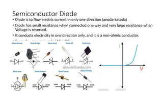 Semiconductor Diode
• Diode is to flow electric current in only one direction (anoda-katoda)
• Diode has small resistance when connected one way and very large resistance when
Voltage is reversed.
• It conducts electricity in one direction only, and it is a non-ohmic conductor.
• Example : power supply (ACDC)
 