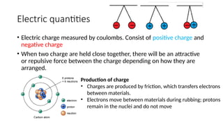 Electric quantities
• Electric charge measured by coulombs. Consist of positive charge and
negative charge
• When two charge are held close together, there will be an attractive
or repulsive force between the charge depending on how they are
arranged.
Production of charge
• Charges are produced by friction, which transfers electrons
between materials.
• Electrons move between materials during rubbing; protons
remain in the nuclei and do not move
 