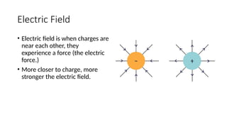 Electric Field
• Electric field is when charges are
near each other, they
experience a force (the electric
force.)
• More closer to charge, more
stronger the electric field.
 