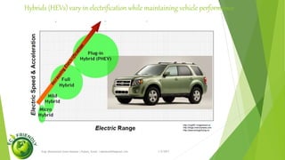 Benefits
1/5/2017
Engr.Mohammad Imam Hossain ( Rubel), Email: rubelduet04@gmail.com
• Drive motors run quieter than internal-combustion engines. The noise emissions from
electric vehicles is very low. At high speeds, the rolling noise from the tires is the loudest
sound.
• Electric vehicles produce no harmful emissions or greenhouse gases while driving. If the
high-voltage battery is charged from renewable energy sources, an electric vehicle can
be run CO2-free.
• In the near future, if particularly badly congested town centers are turned into zero-
emissions zones, we will only be able to drive through them with high-voltage vehicles.
• The electric drive motor is very robust and requires little maintenance. It is only subject
to minor mechanical wear.
• Electric drive motors have a high degree of efficiency of up to 96% compared with
internal-combustion engines that have an efficiency of 35–40%.
• Electric drive motors have excellent torque and output characteristics. They develop
maximum torque from standstill. This allows an electric vehicle to accelerate considerably
faster than a vehicle with an internal combustion engine producing the same output.
 