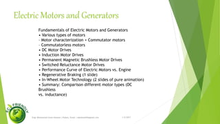 Some Important Battery Terms
1/5/2017Engr.Mohammad Imam Hossain ( Rubel), Email: rubelduet04@gmail.com
Specific Attention of EVs Motors Compared
to Ordinary Industrial Application Motors
– Requires high rate starts and stops
– High rate of acceleration / deceleration
– High torque low speed hill climbing
– Low torque high speed cruising
– Wide speed range of operation
 