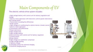 Main Components of EV
1/5/2017
Engr.Mohammad Imam Hossain ( Rubel), Email: rubelduet04@gmail.com
 High-voltage battery with control unit for battery regulation and
charger
 Electric motor/generator with electronic control (power
electronics) and cooling system
 Transmission including the differential
 Brake system
 High-voltage air conditioning for vehicle interior climate control
 Electric motor/generator
 Transmission with differential
 Power electronics
 High-voltage lines
 High-voltage battery
 Electronics box with control unit for battery regulation
 Cooling system
 Brake system
 High-voltage air conditioner compressor
 High-voltage heating
 Battery charger
 Charging contact for external charging
 External charging source
 
