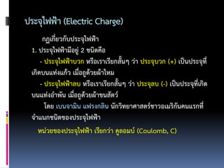 ประจุไฟฟ้า (Electric Charge)
      กฏเกี่ยวกับประจุไฟฟ้า
 1. ประจุไฟฟ้ามีอยู่ 2 ชนิดคือ
     - ประจุไฟฟ้าบวก หรือเราเรียกสั้นๆ ว่า ประจุบวก (+) เป็นประจุที่
 เกิดบนแท่งแก้ว เมื่อถูด้วยผ้าไหม
     - ประจุไฟฟ้าลบ หรือเราเรียกสั้นๆ ว่า ประจุลบ (-) เป็นประจุที่เกิด
 บนแท่งอาพัน เมื่อถูด้วยผ้าขนสัตว์
       โดย เบนจามิน แฟรงกลิน นักวิทยาศาสตร์ชาวอเมริกันคนแรกที่
 จาแนกชนิดของประจุไฟฟ้า
    หน่วยของประจุไฟฟ้า เรียกว่า คูลอมบ์ (Coulomb, C)
 