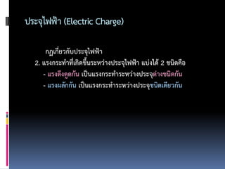 ประจุไฟฟ้า (Electric Charge)

      กฏเกี่ยวกับประจุไฟฟ้า
  2. แรงกระทาที่เกิดขึ้นระหว่างประจุไฟฟ้า แบ่งได้ 2 ชนิดคือ
     - แรงดึงดูดกัน เป็นแรงกระทาระหว่างประจุต่างชนิดกัน
     - แรงผลักกัน เป็นแรงกระทาระหว่างประจุชนิดเดียวกัน
 