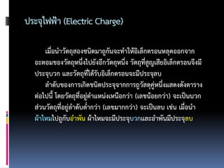 ประจุไฟฟ้า (Electric Charge)

      เมื่อนาวัตถุสองชนิดมาถูกันจะทาให้อิเล็กตรอนหลุดออกจาก
  อะตอมของวัตถุหนึ่งไปยังอีกวัตถุหนึ่ง วัตถุที่สูญเสียอิเล็กตรอนจึงมี
  ประจุบวก และวัตถุที่ได้รับอิเล็กตรอนจะมีประจุลบ
      ลาดับของการเกิดชนิดประจุจากการถูวัสดุคู่หนึ่งแสดงดังตาราง
  ต่อไปนี้ โดยวัตถุที่อยู่ตาแหน่งเหนือกว่า (เลขน้อยกว่า) จะเป็นบวก
  ส่วนวัตถุที่อยู่ลาดับต่ากว่า (เลขมากกว่า) จะเป็นลบ เช่น เมื่อนา
  ผ้าไหมไปถูกับอาพัน ผ้าไหมจะมีประจุบวกและอาพันมีประจุลบ
 