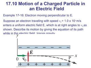 17.10 Motion of a Charged Particle in
an Electric Field
Example 17-16: Electron moving perpendicular to E.
Suppose an electron traveling with speed v0 = 1.0 x 107 m/s
enters a uniform electric field E, which is at right angles to v0 as
shown. Describe its motion by giving the equation of its path
while in the electric field. Ignore gravity.
 