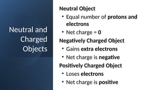 Neutral and
Charged
Objects
Neutral Object
• Equal number of protons and
electrons
• Net charge = 0
Negatively Charged Object
• Gains extra electrons
• Net charge is negative
Positively Charged Object
• Loses electrons
• Net charge is positive
 