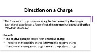 Direction on a Charge
• The force on a charge is always along the line connecting the charges
• Each charge experiences a force of equal magnitude but opposite direction
(Newton’s Third Law)
Example
• If a positive charge is placed near a negative charge:
• The force on the positive charge is toward the negative charge
• The force on the negative charge is toward the positive charge
 