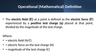 Operational (Mathematical) Definition
• The electric field ( )
𝐄 at a point is defined as the electric force ( )
𝐅
experienced by a positive test charge (q) placed at that point,
divided by the magnitude of the test charge.
Where:
• = electric field (N/C)
• = electric force on the test charge (N)
• = magnitude of the test charge (C)
 