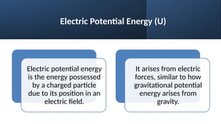 Electric Potential Energy (U)
Electric potential energy
is the energy possessed
by a charged particle
due to its position in an
electric field.
It arises from electric
forces, similar to how
gravitational potential
energy arises from
gravity.
 