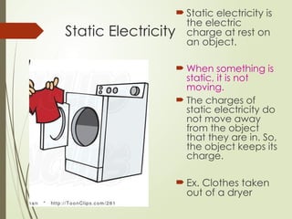 Static Electricity
 Static electricity is
the electric
charge at rest on
an object.
 When something is
static, it is not
moving.
 The charges of
static electricity do
not move away
from the object
that they are in. So,
the object keeps its
charge.
 Ex. Clothes taken
out of a dryer
 