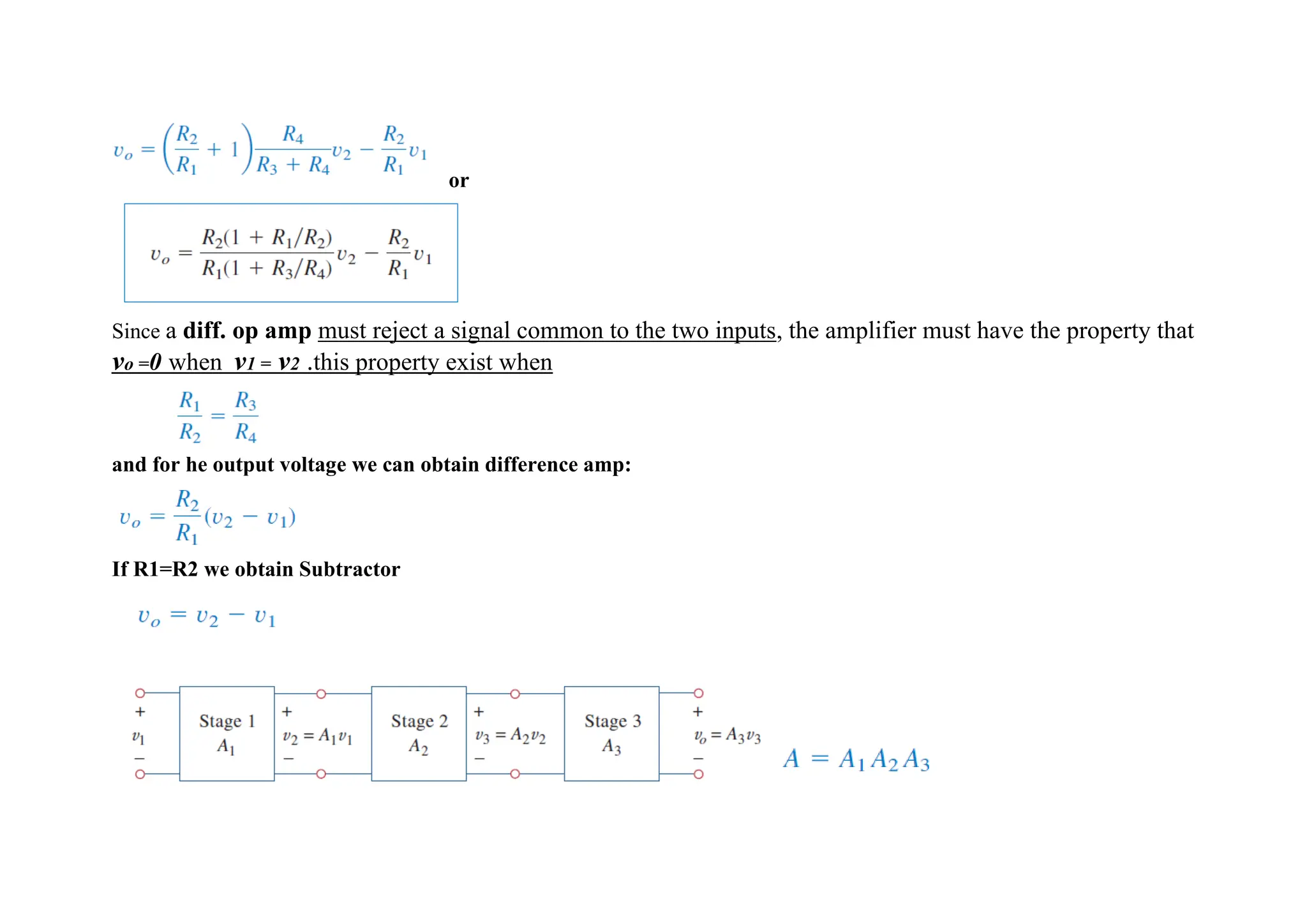 or
Since a diff. op amp must reject a signal common to the two inputs, the amplifier must have the property that
vo =0 when v1 = v2 .this property exist when
and for he output voltage we can obtain difference amp:
If R1=R2 we obtain Subtractor
 