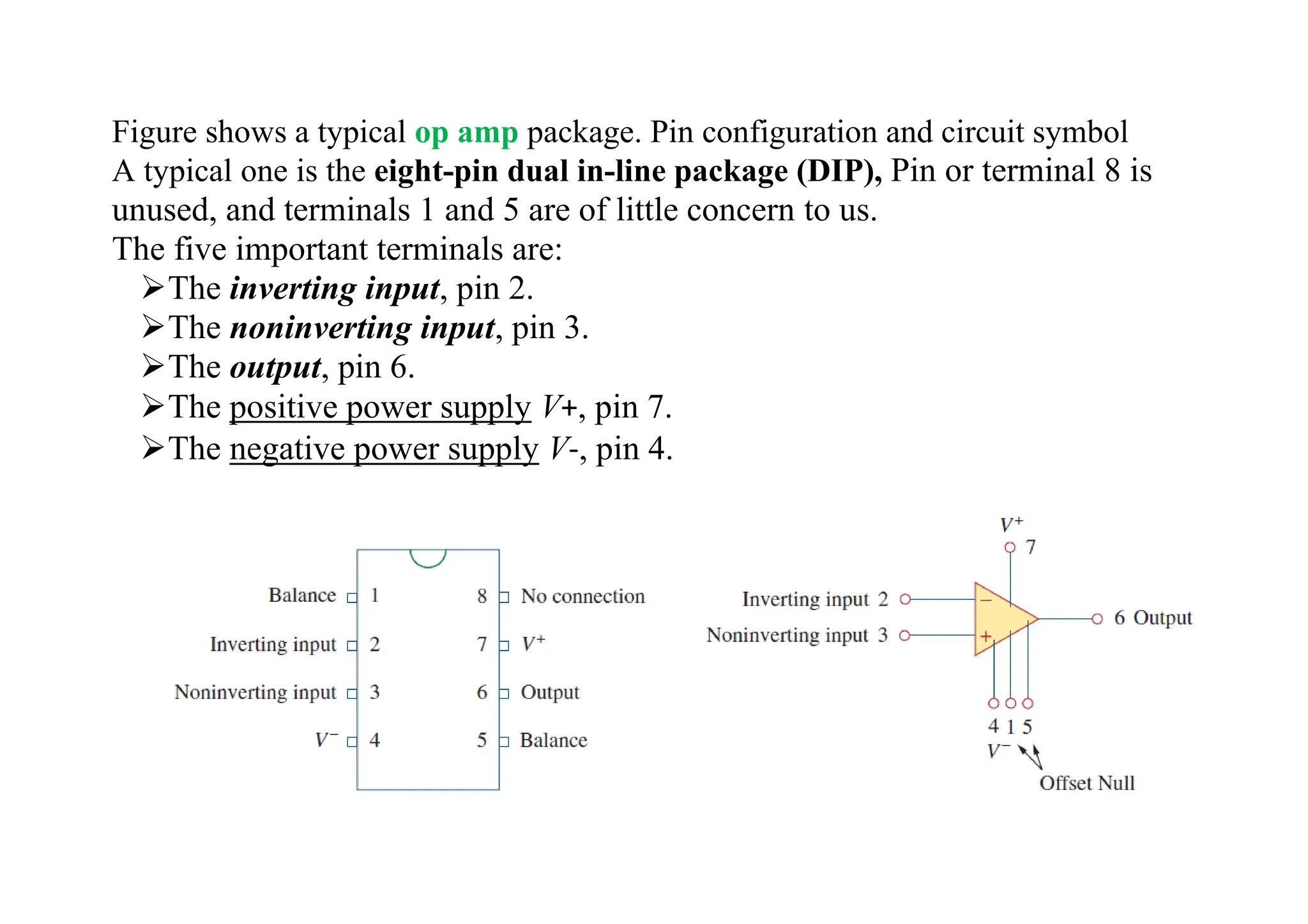Figure shows a typical op amp package. Pin configuration and circuit symbol
A typical one is the eight-pin dual in-line package (DIP), Pin or terminal 8 is
unused, and terminals 1 and 5 are of little concern to us.
The five important terminals are:
➢The inverting input, pin 2.
➢The noninverting input, pin 3.
➢The output, pin 6.
➢The positive power supply V+, pin 7.
➢The negative power supply V-, pin 4.
 