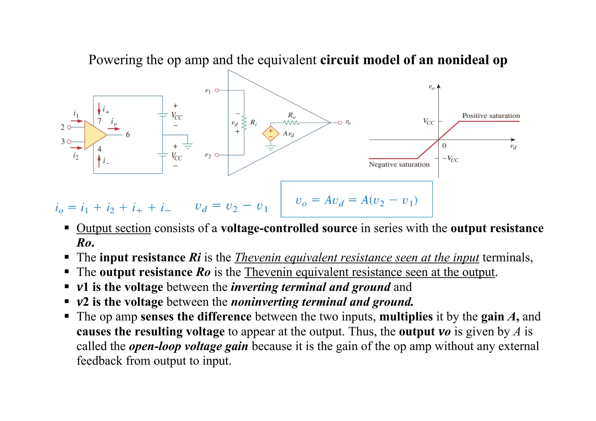 Powering the op amp and the equivalent circuit model of an nonideal op
▪ Output section consists of a voltage-controlled source in series with the output resistance
Ro.
▪ The input resistance Ri is the Thevenin equivalent resistance seen at the input terminals,
▪ The output resistance Ro is the Thevenin equivalent resistance seen at the output.
▪ v1 is the voltage between the inverting terminal and ground and
▪ v2 is the voltage between the noninverting terminal and ground.
▪ The op amp senses the difference between the two inputs, multiplies it by the gain A, and
causes the resulting voltage to appear at the output. Thus, the output vo is given by A is
called the open-loop voltage gain because it is the gain of the op amp without any external
feedback from output to input.
 