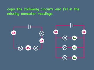 copy the following circuits and fill in the 
missing ammeter readings. 
? 
? 
4A 
4A 
4A 
? 3A 
1A 
? 
1A 
? 
3A 
1A 
 