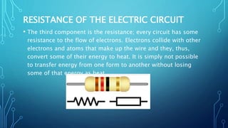RESISTANCE OF THE ELECTRIC CIRCUIT
• The third component is the resistance; every circuit has some
resistance to the flow of electrons. Electrons collide with other
electrons and atoms that make up the wire and they, thus,
convert some of their energy to heat. It is simply not possible
to transfer energy from one form to another without losing
some of that energy as heat.
 