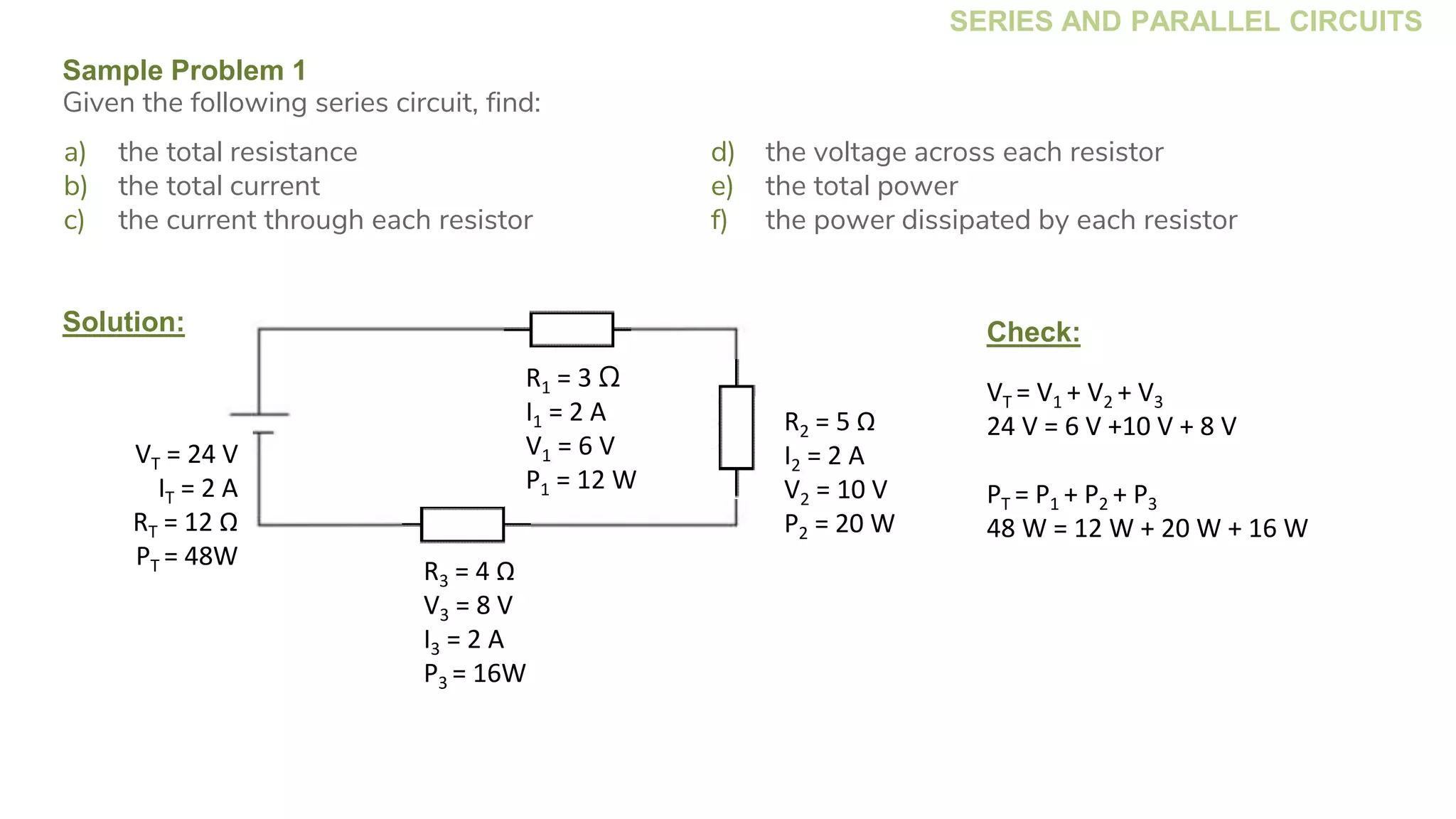 SERIES AND PARALLEL CIRCUITS
Sample Problem 1
Given the following series circuit, find:
a) the total resistance
b) the total current
c) the current through each resistor
d) the voltage across each resistor
e) the total power
f) the power dissipated by each resistor
R1 = 3 Ω
I1 = 2 A
V1 = 6 V
P1 = 12 W
R2 = 5 Ω
I2 = 2 A
V2 = 10 V
P2 = 20 W
VT = 24 V
IT = 2 A
RT = 12 Ω
PT = 48W
R3 = 4 Ω
V3 = 8 V
I3 = 2 A
P3 = 16W
Solution:
VT = V1 + V2 + V3
24 V = 6 V +10 V + 8 V
PT = P1 + P2 + P3
48 W = 12 W + 20 W + 16 W
Check:
 