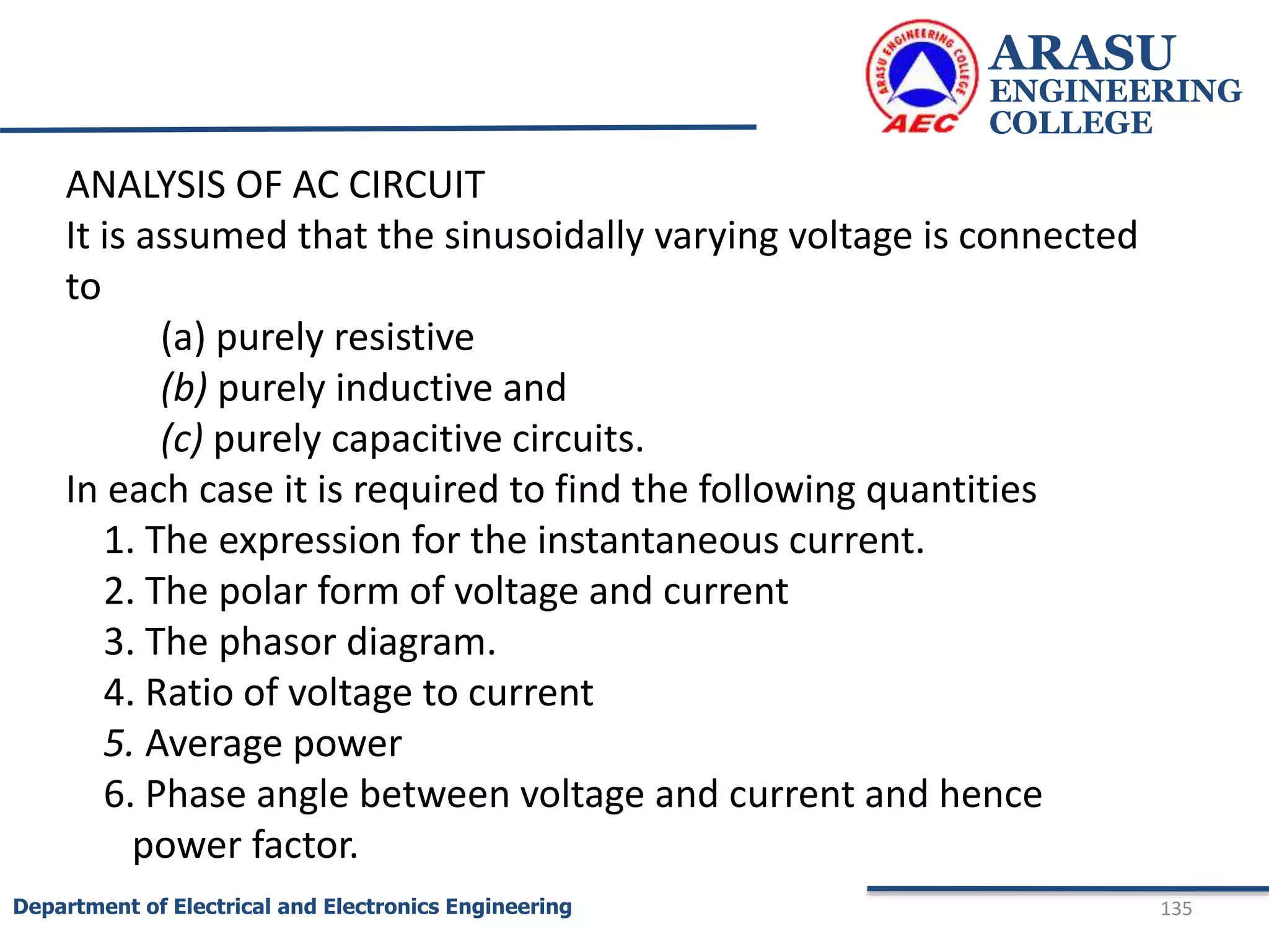 ARASU
ENGINEERING
COLLEGE
135
Department of Electrical and Electronics Engineering
ANALYSIS OF AC CIRCUIT
It is assumed that the sinusoidally varying voltage is connected
to
(a) purely resistive
(b) purely inductive and
(c) purely capacitive circuits.
In each case it is required to find the following quantities
1. The expression for the instantaneous current.
2. The polar form of voltage and current
3. The phasor diagram.
4. Ratio of voltage to current
5. Average power
6. Phase angle between voltage and current and hence
power factor.
 