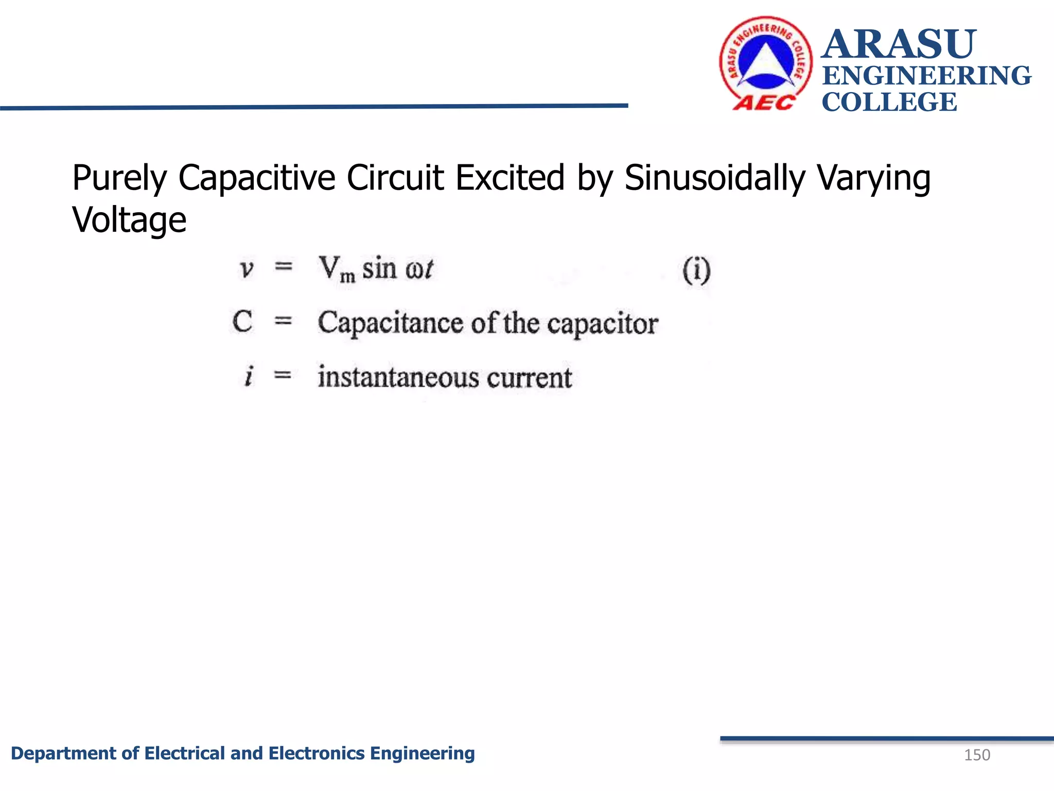 ARASU
ENGINEERING
COLLEGE
150
Department of Electrical and Electronics Engineering
Purely Capacitive Circuit Excited by Sinusoidally Varying
Voltage
 