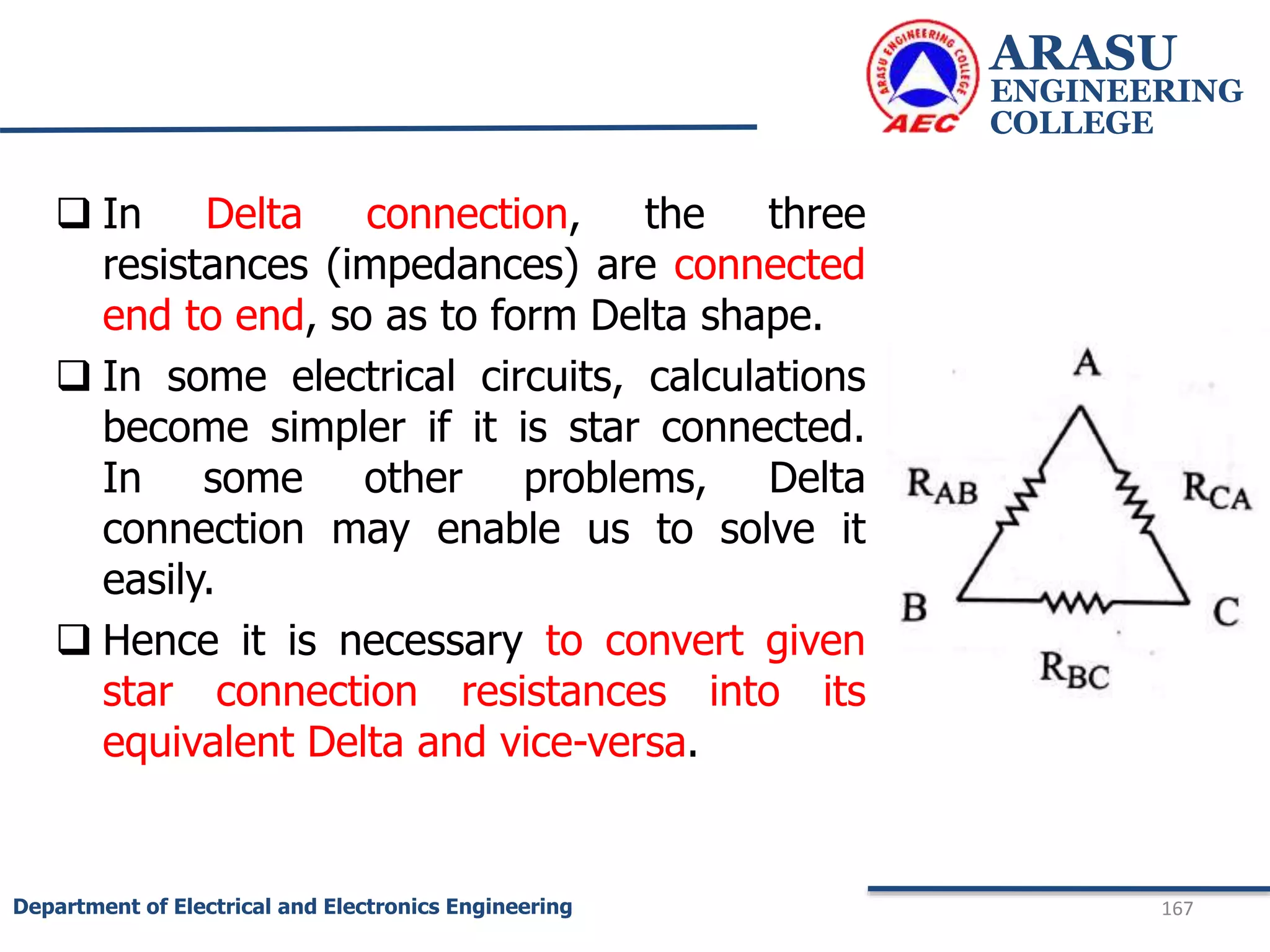  In Delta connection, the three
resistances (impedances) are connected
end to end, so as to form Delta shape.
 In some electrical circuits, calculations
become simpler if it is star connected.
In some other problems, Delta
connection may enable us to solve it
easily.
 Hence it is necessary to convert given
star connection resistances into its
equivalent Delta and vice-versa.
ARASU
ENGINEERING
COLLEGE
167
Department of Electrical and Electronics Engineering
 