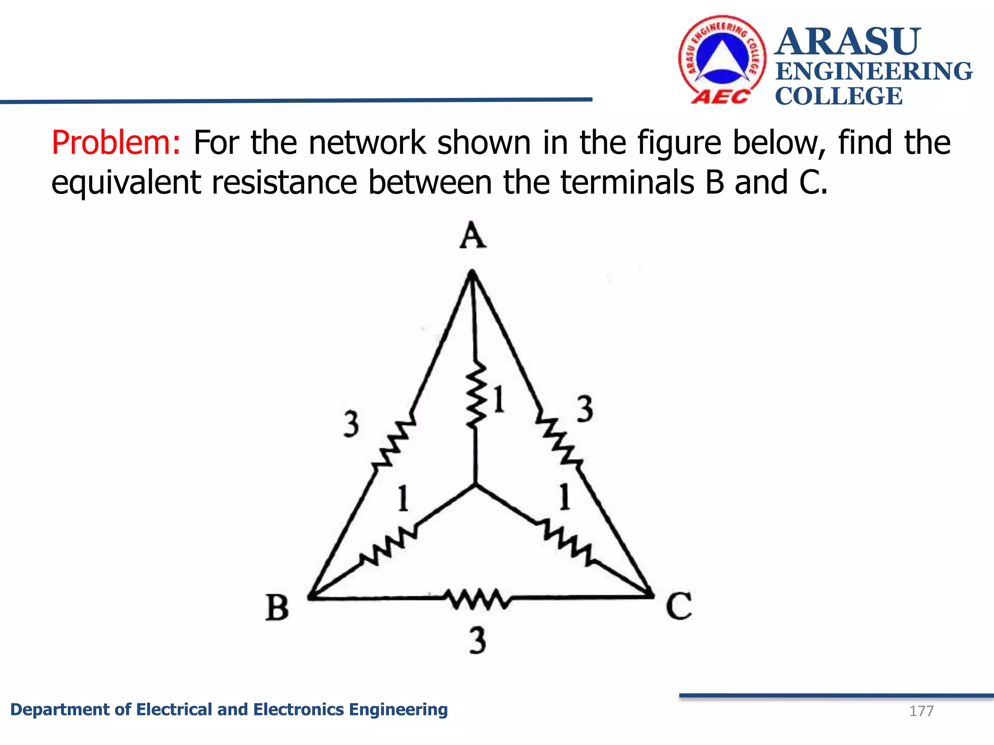 ARASU
ENGINEERING
COLLEGE
177
Department of Electrical and Electronics Engineering
Problem: For the network shown in the figure below, find the
equivalent resistance between the terminals B and C.
 