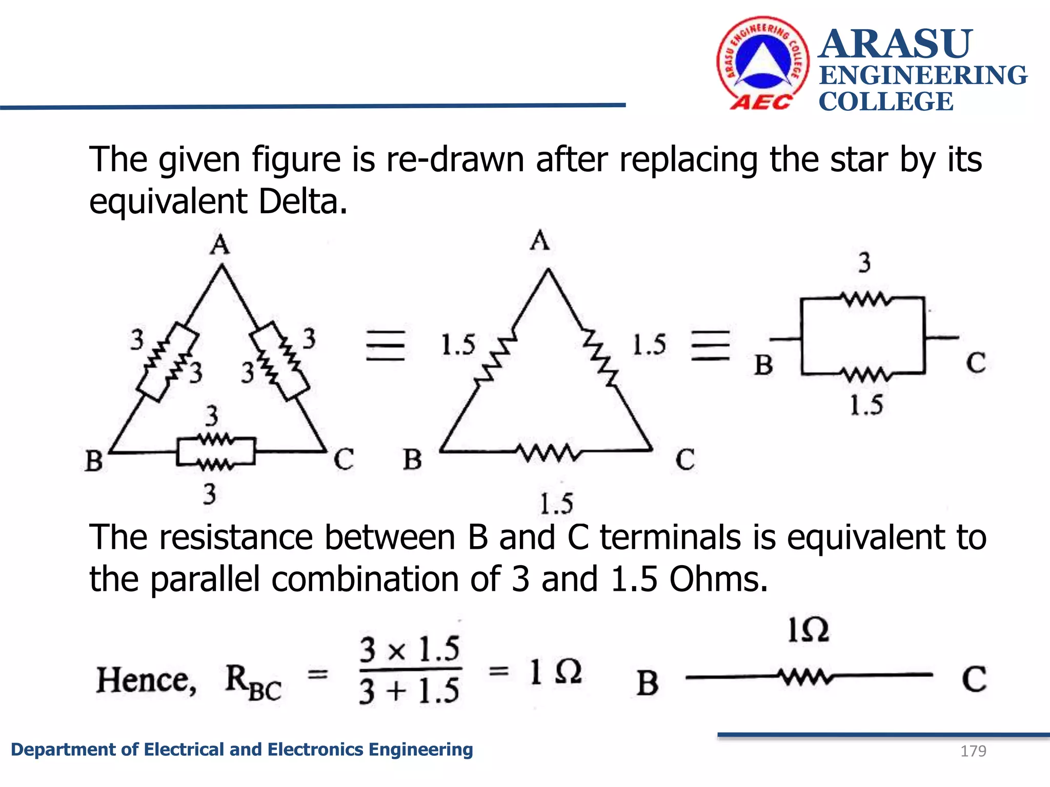 ARASU
ENGINEERING
COLLEGE
179
Department of Electrical and Electronics Engineering
The given figure is re-drawn after replacing the star by its
equivalent Delta.
The resistance between B and C terminals is equivalent to
the parallel combination of 3 and 1.5 Ohms.
 