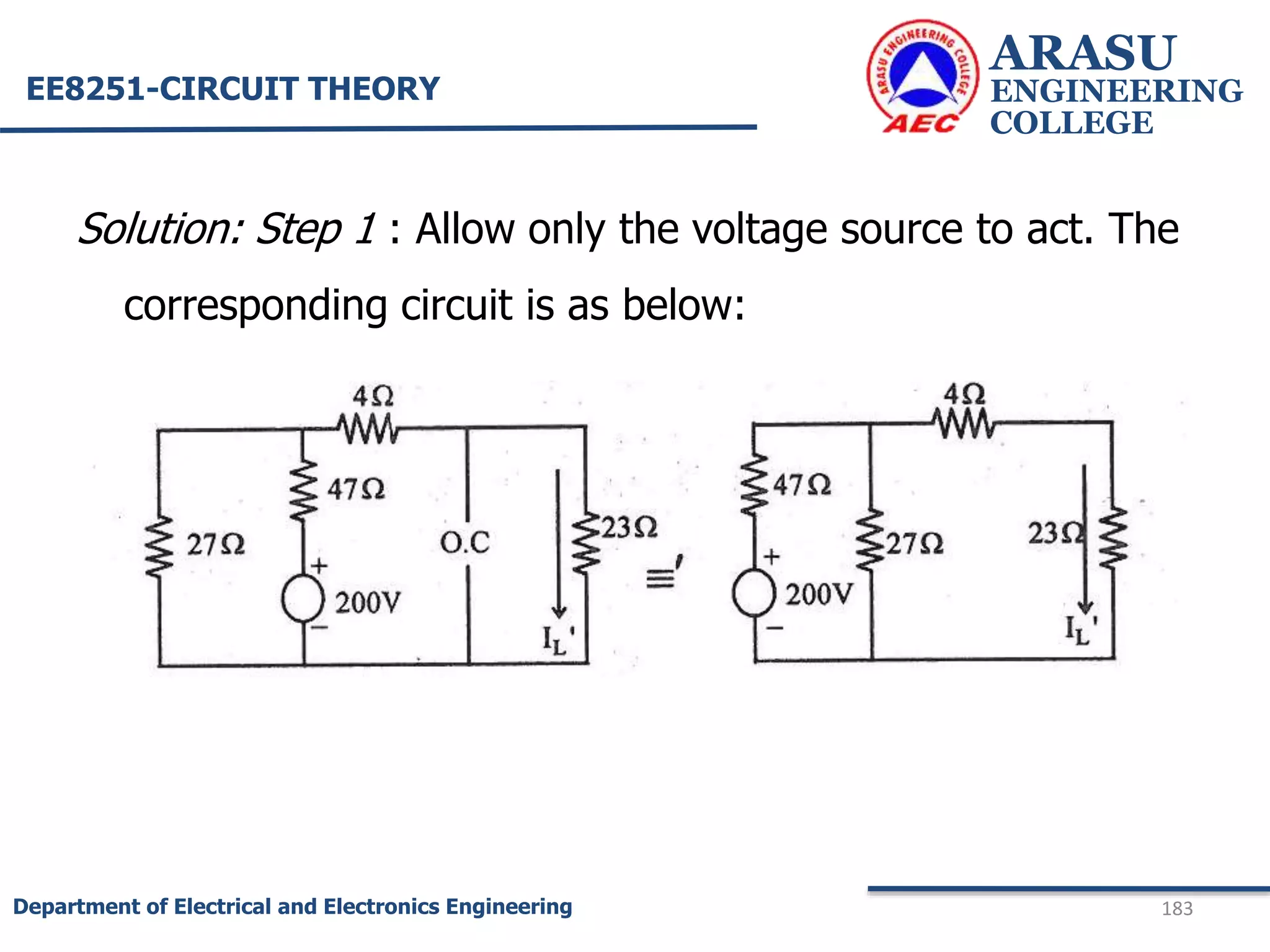 Solution: Step 1 : Allow only the voltage source to act. The
corresponding circuit is as below:
ARASU
ENGINEERING
COLLEGE
183
Department of Electrical and Electronics Engineering
EE8251-CIRCUIT THEORY
 