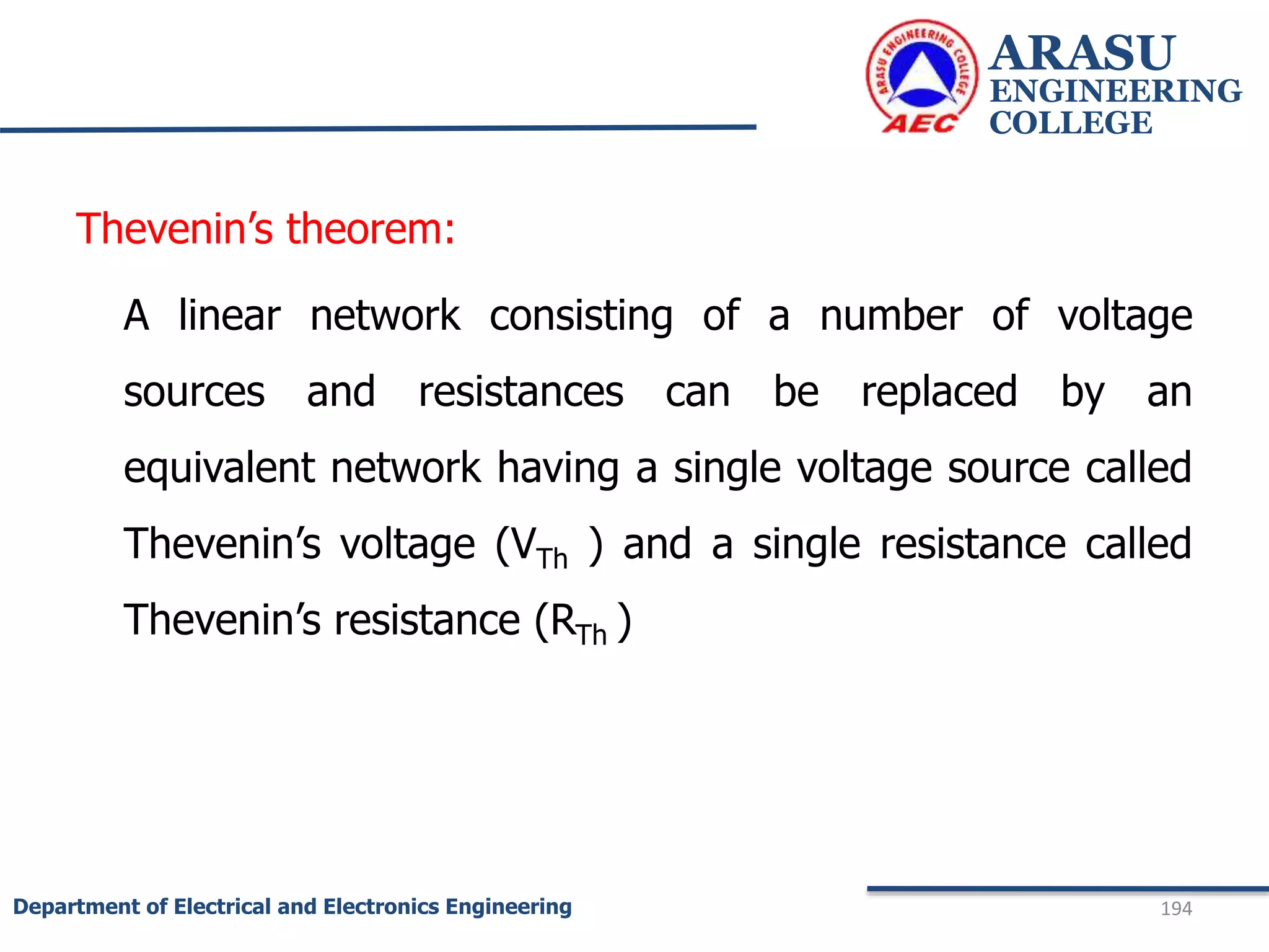 Thevenin’s theorem:
A linear network consisting of a number of voltage
sources and resistances can be replaced by an
equivalent network having a single voltage source called
Thevenin’s voltage (VTh ) and a single resistance called
Thevenin’s resistance (RTh )
ARASU
ENGINEERING
COLLEGE
194
Department of Electrical and Electronics Engineering
 