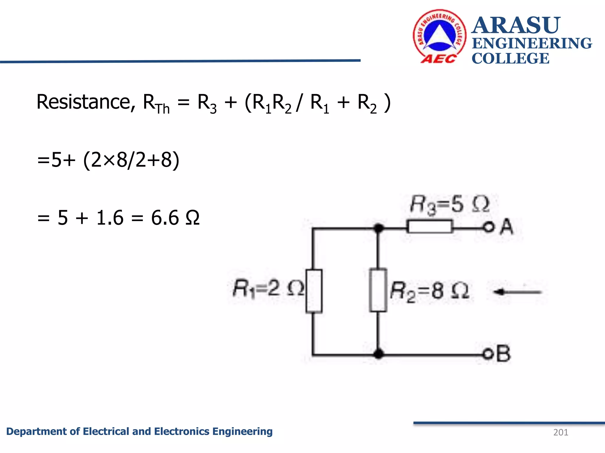 Resistance, RTh = R3 + (R1R2 / R1 + R2 )
=5+ (2×8/2+8)
= 5 + 1.6 = 6.6 Ω
ARASU
ENGINEERING
COLLEGE
201
Department of Electrical and Electronics Engineering
 