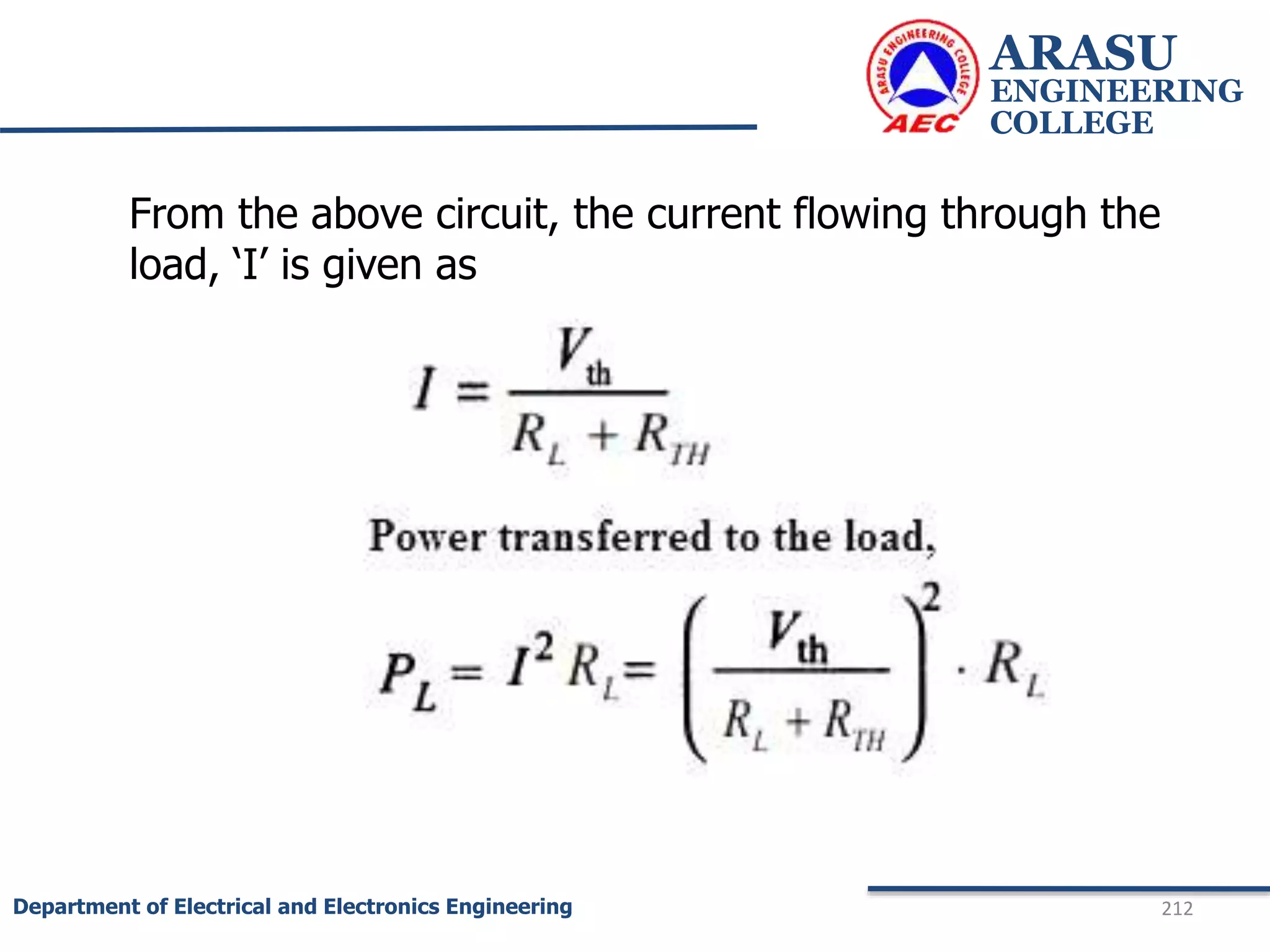 ARASU
ENGINEERING
COLLEGE
212
Department of Electrical and Electronics Engineering
From the above circuit, the current flowing through the
load, ‘I’ is given as
 