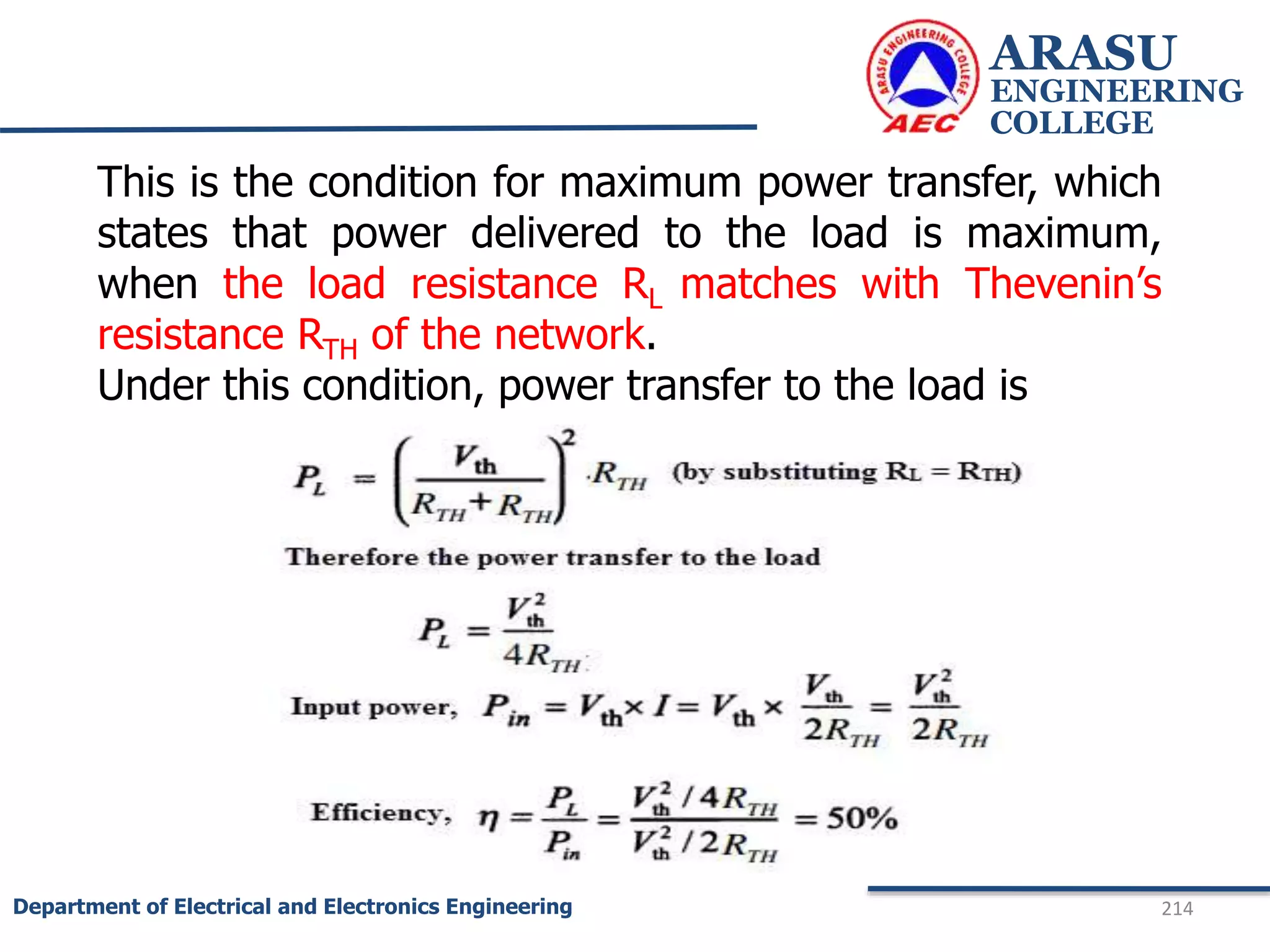 ARASU
ENGINEERING
COLLEGE
214
Department of Electrical and Electronics Engineering
This is the condition for maximum power transfer, which
states that power delivered to the load is maximum,
when the load resistance RL matches with Thevenin’s
resistance RTH of the network.
Under this condition, power transfer to the load is
 