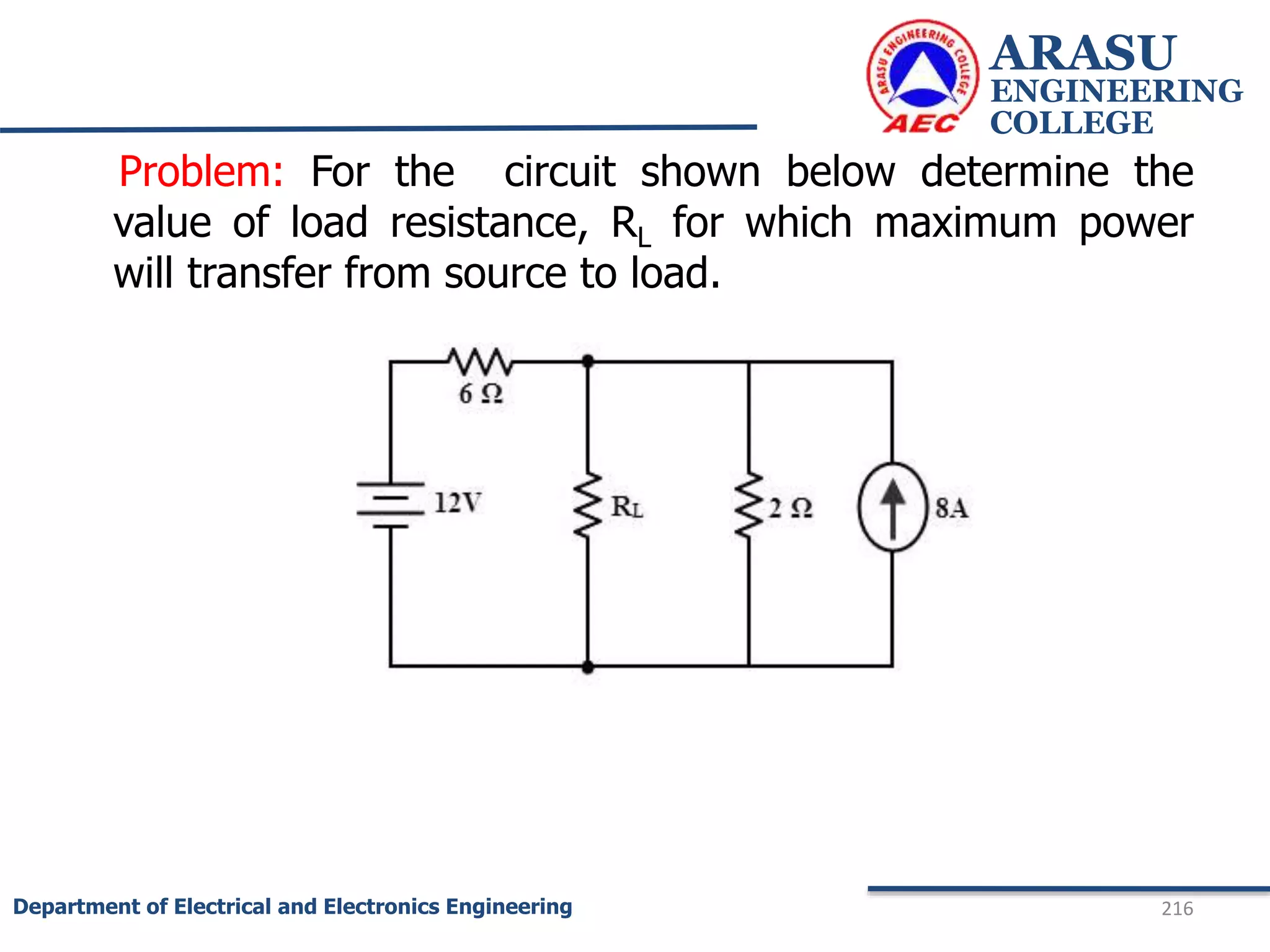 ARASU
ENGINEERING
COLLEGE
216
Department of Electrical and Electronics Engineering
Problem: For the circuit shown below determine the
value of load resistance, RL for which maximum power
will transfer from source to load.
 