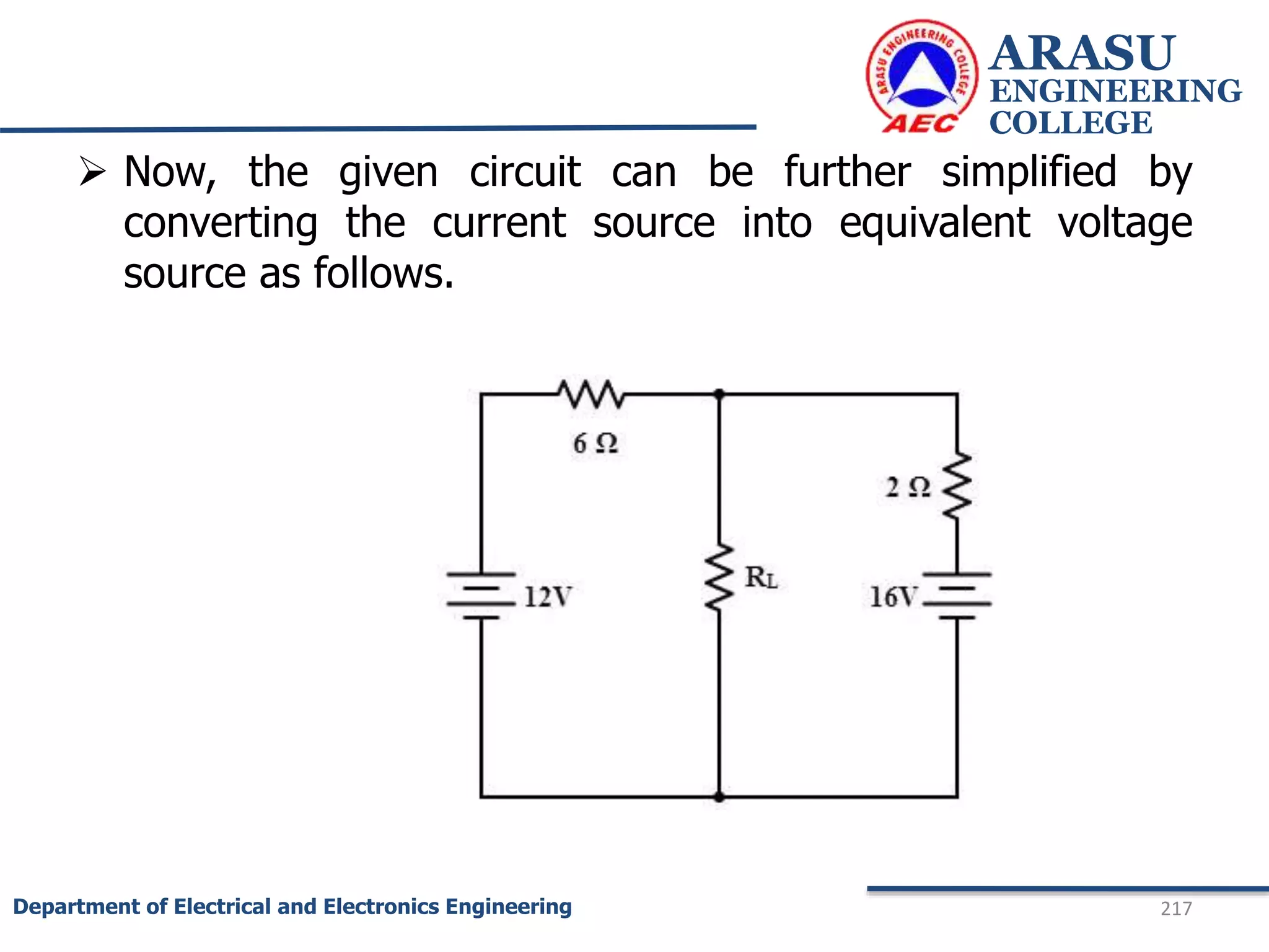  Now, the given circuit can be further simplified by
converting the current source into equivalent voltage
source as follows.
ARASU
ENGINEERING
COLLEGE
217
Department of Electrical and Electronics Engineering
 